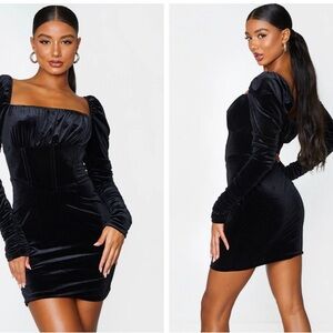 Black Velvet Ruched Sleeve Corset Detail Bodycon Dress Size 4-PrettyLittleThing